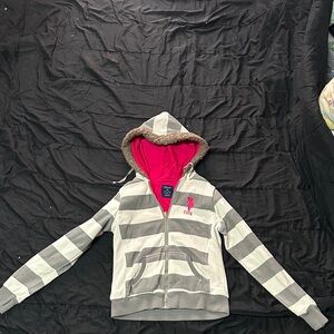 U.S. Polo Assn. Gray and White Striped Jacket with Pink Hood